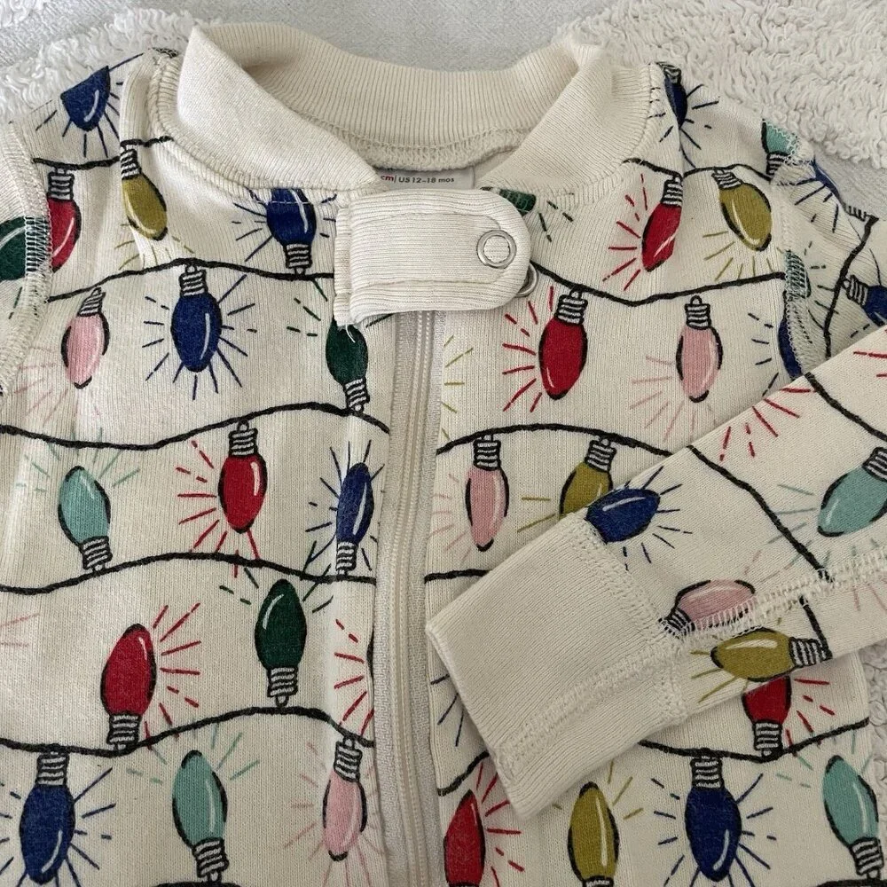 Hanna Andersson Christmas Lights Pajamas Zip Up 12-18 Months 100% Organic Cotton